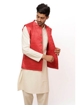 Tjori - Scarlet Red Matka Silk Nehru Jacket