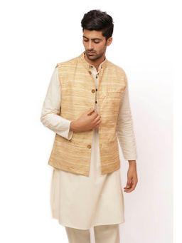 Tjori - Coconut Cream Matka Silk Nehru Jacket