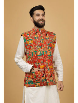Tjori - Merry Red Floral Kalamkari Cotton Nehru Jacket