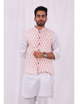 Tjori - Tangerine Orange Hand Block Cotton Nehru Jacket