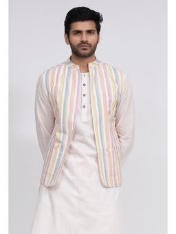 Tjori - White Stripe Nehru Jacket