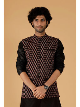 Tjori - Black Ajrakh Print Cotton Sleeveless Nehru Jacket with Pockets