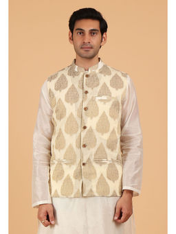 Tjori - Cream Brocade Sleeveless Nehru Jacket
