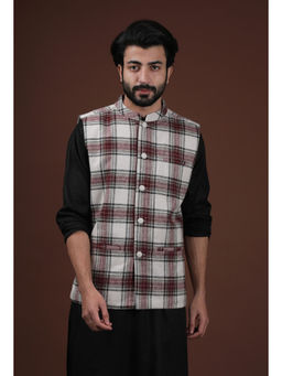 Tjori - White Woven Tartan Checks Woolen Nehru Jacket