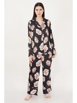 Urban Sundari - Black Satin Regular Printed Nightsuit Set
