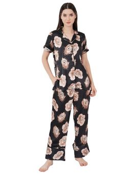 Urban Sundari - Black Satin Regular Printed Nightsuit Set