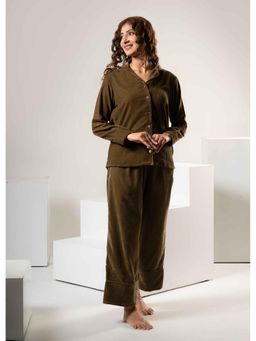 Urban Sundari - Olive Velvet Regular Solid Nightsuit Set