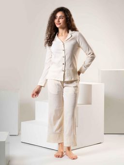 Urban Sundari - White Cotton Regular Solid Nightsuit Set