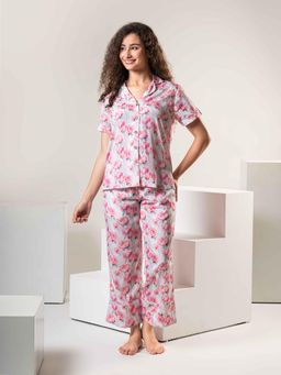 Urban Sundari - Pink Satin Regular Printed Nightsuit Set
