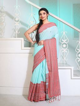 CHARUKRITI - Soft Blue Cotton Handwoven Saree with Texture Borders and Pallu with Unstitched Blouse