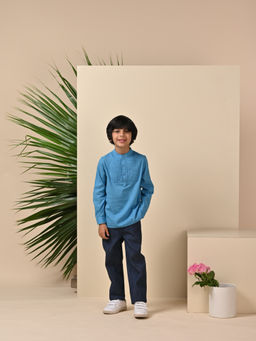 The Tribe Kids - Boys Blue Mandarin Collar Cotton Shirt