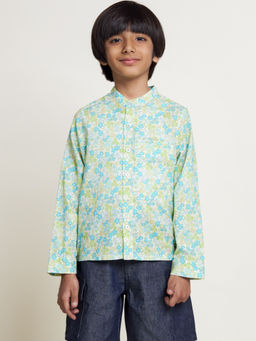 The Tribe Kids - Boys Green Mandarin Collar Flower Print Shirt