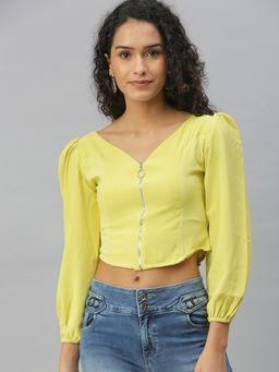 SHOWOFFFF - Women V-Neck Solid Lime Green Crop Top