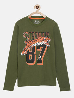 3PIN - Boys Round Neck Green Cotton T-Shirt