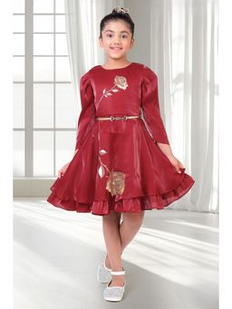 TINY GIRL - Girls Maroon Polyester Dress with Belt