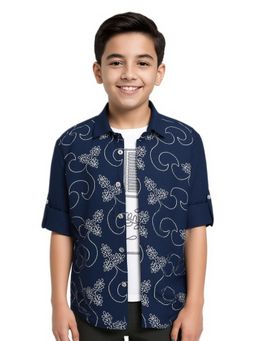 CHARCHIT - Boys Navy Blue Cotton Blend Shirt with T-shirt