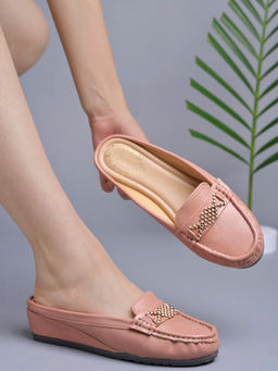 Shoetopia - Girls Upper Bow Detailed Peach Slip-On Loafers