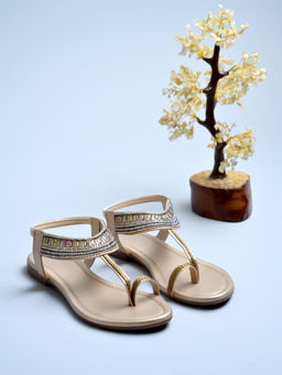 Shoetopia - Girls Embellished Golden Flat Sandals