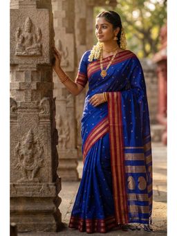 Mysilklove - Women Blue Banarasi Woven Saree with Unstitched Blouse