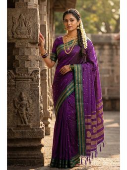 Mysilklove - Women Purple Banarasi Woven Saree with Unstitched Blouse