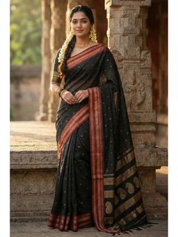 Mysilklove - Women Black Banarasi Woven Saree with Unstitched Blouse