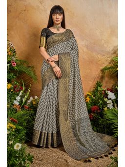 Mysilklove - Women Grey Cotton Woven Saree with Unstitched Blouse