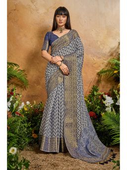 Mysilklove - Women Blue Cotton Woven Saree with Unstitched Blouse