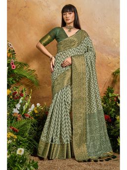 Mysilklove - Women Green Cotton Woven Saree with Unstitched Blouse