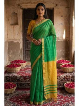 Mysilklove - Women Green Cotton Woven Saree with Unstitched Blouse