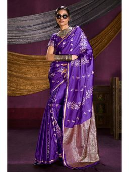 Mysilklove - Women Purple Satin Woven Saree with Unstitched Blouse