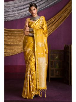 Mysilklove - Women Yellow Satin Woven Saree with Unstitched Blouse