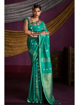 Mysilklove - Women Green Satin Woven Saree with Unstitched Blouse