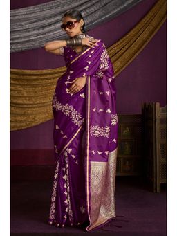 Mysilklove - Women Purple Satin Woven Saree with Unstitched Blouse