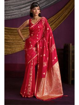 Mysilklove - Women Red Satin Woven Saree with Unstitched Blouse