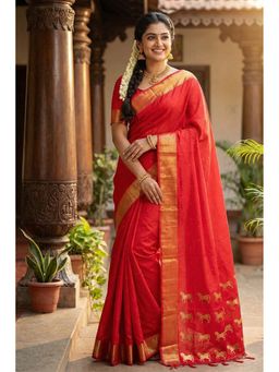 Mysilklove - Women Red Banarasi Woven Saree with Unstitched Blouse