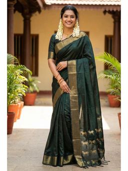 Mysilklove - Women Green Banarasi Woven Saree with Unstitched Blouse