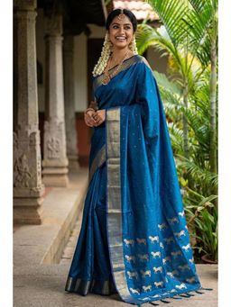 Mysilklove - Women Blue Banarasi Woven Saree with Unstitched Blouse