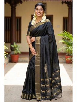 Mysilklove - Women Black Banarasi Woven Saree with Unstitched Blouse