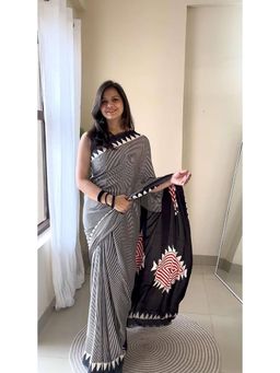 Mysilklove - Women Black Satin Geometric Saree with Unstitched Blouse