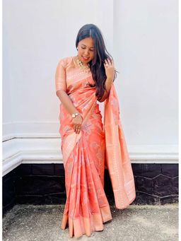 Mysilklove - Women Peach Banarasi Woven Saree with Unstitched Blouse