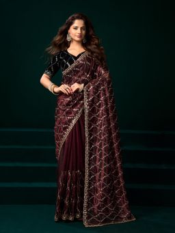 Elora - Women Maroon Net Embroidered Saree with Unstitched Blouse