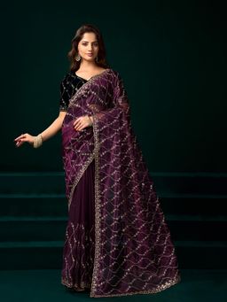 Elora - Women Wine Net Embroidered Saree with Unstitched Blouse
