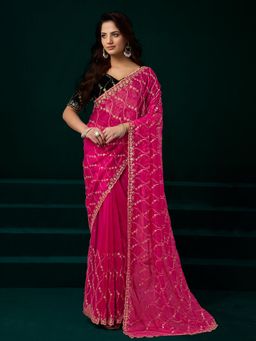 Elora - Women Pink Net Embroidered Saree with Unstitched Blouse