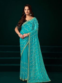 Elora - Women Turquoise Net Embroidered Saree with Unstitched Blouse