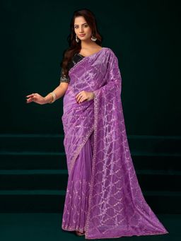 Elora - Women Lavender Net Embroidered Saree with Unstitched Blouse