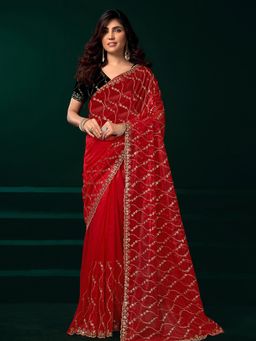 Elora - Women Red Net Embroidered Saree with Unstitched Blouse
