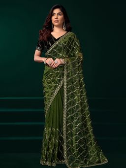 Elora - Women Green Net Embroidered Saree with Unstitched Blouse