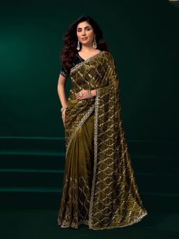Elora - Women Green Net Embroidered Saree with Unstitched Blouse