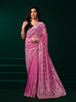 Elora - Women Pink Net Embroidered Saree with Unstitched Blouse