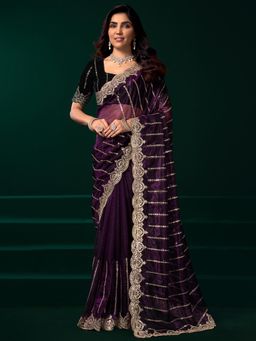 Elora - Women Wine Net Embroidered Saree with Unstitched Blouse